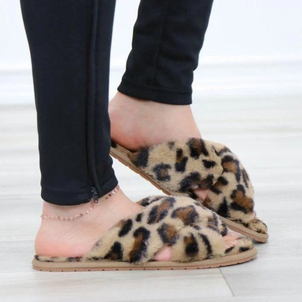 Leopard  Fuzzy Furry Criss Cross Sandal Sliders - Picture 5 of 14
